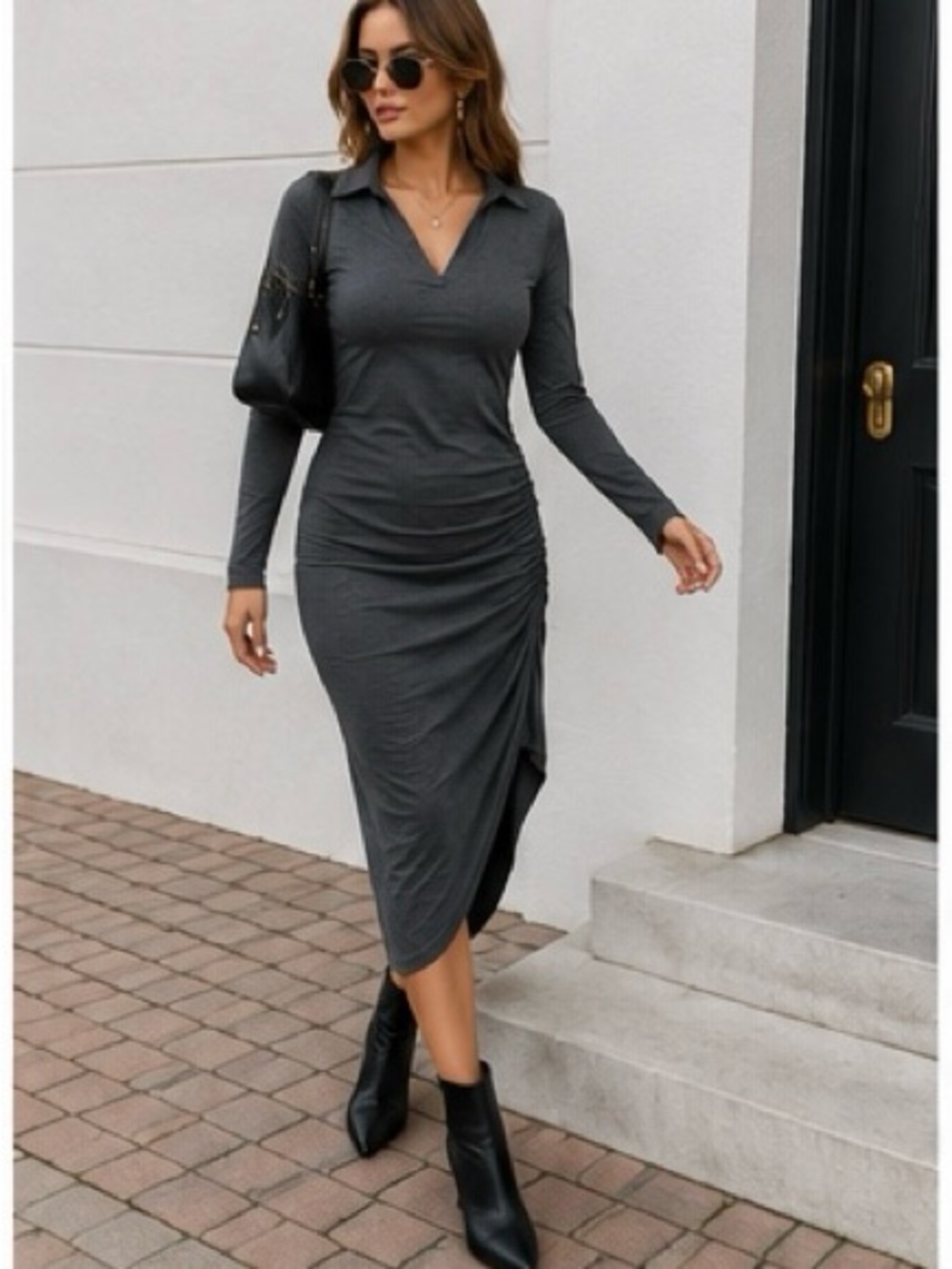 AUXDIO NWT charcoal gray ruched long-sleeve polo/collared bodycon‎ midi dress